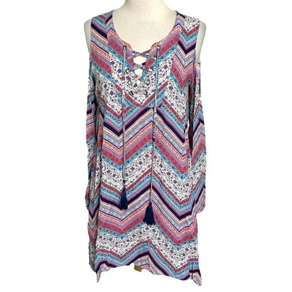 no comment M pink blue floral chevron print cold shoulder boho dress - Picture 1 of 7